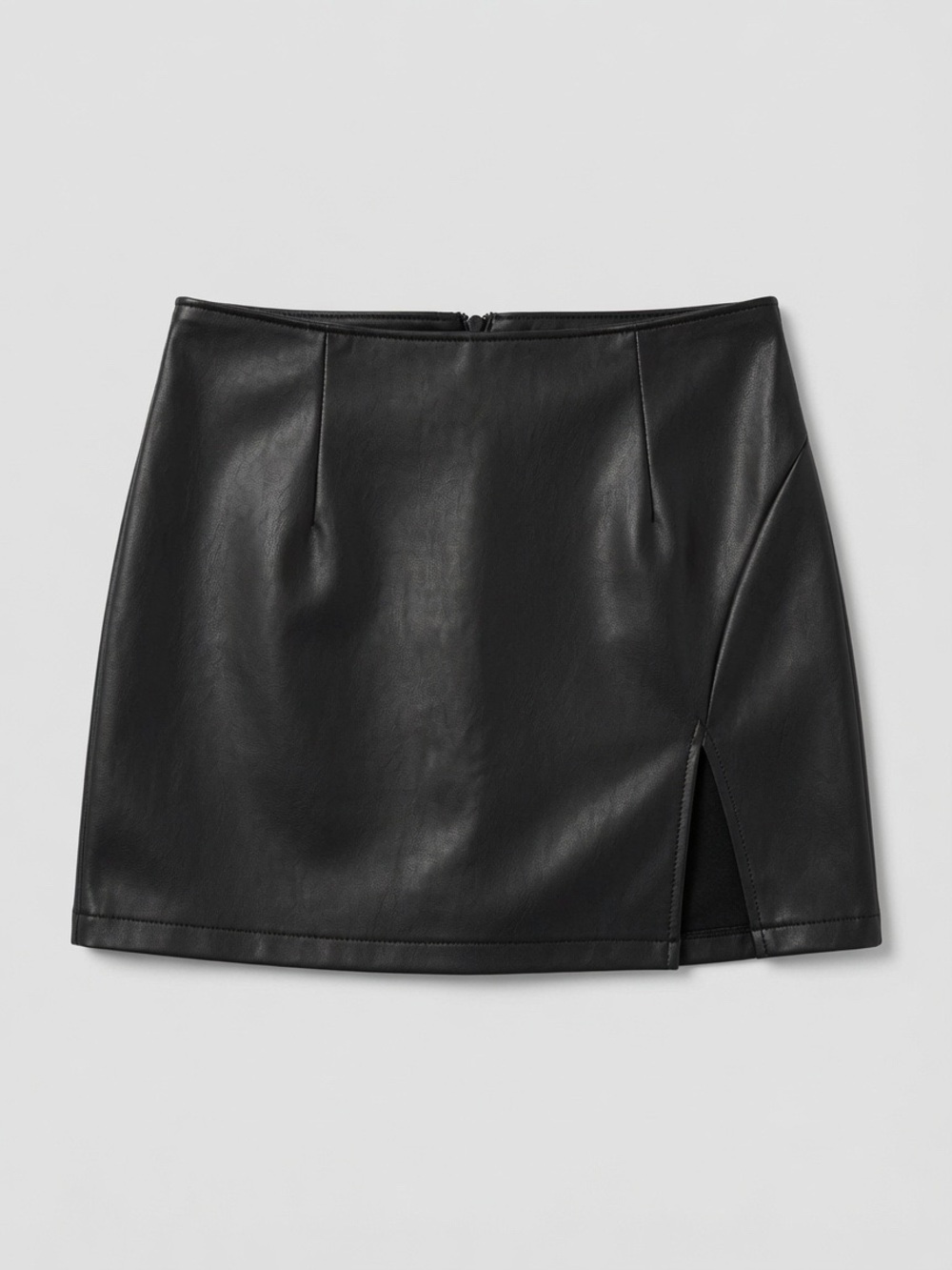 Black Faux Leather Mini Skirt with Front Slit
